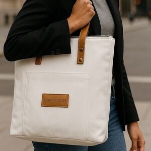 Cozy Earth Canvas Tote Bag White NWT Zip Top Faux Leather‎ Straps Eco Travel